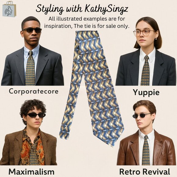 Vintage Via Europa Silk Tie Blue and Gold Geometric Pattern 58in x 4in Bold 90s - Picture 2 of 6